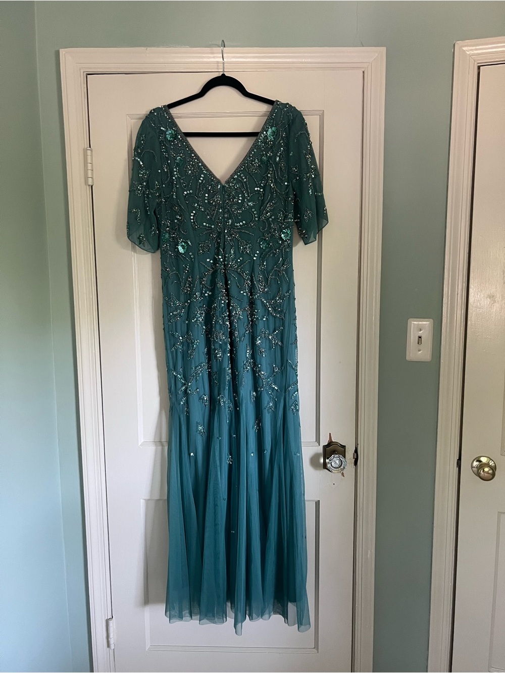 Adrianna Papell Teal Beaded V-Neck Mother of the Bride Gown - Picture 3 of 5